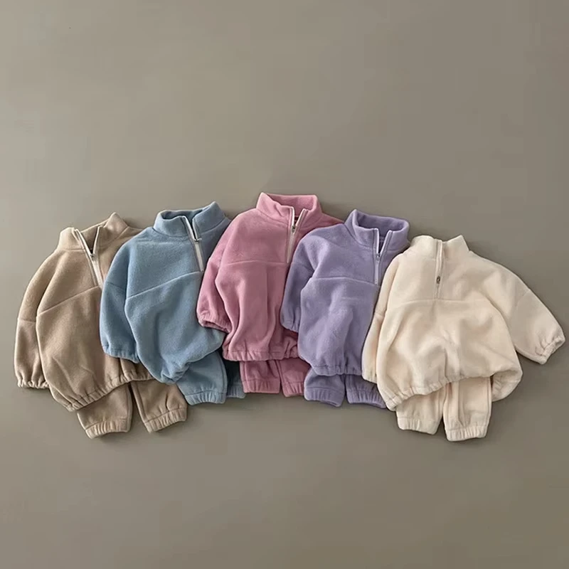 الخريف الشتاء طفل رضيع الفتيان فتاة بدلة رياضية ملابس الأطفال الصوف بلون هوديس دعوى الرضع الفتيان فتاة الزي 2 قطعة