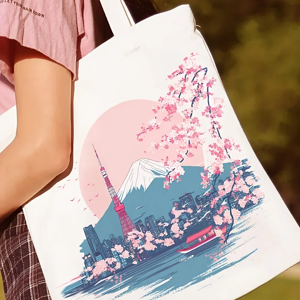 1pc Tokyo Skyline Shoulder Bag, ideal for Japan trips and daily commutes Reusable tote adorned with cherry blossoms, Mount Fuji
