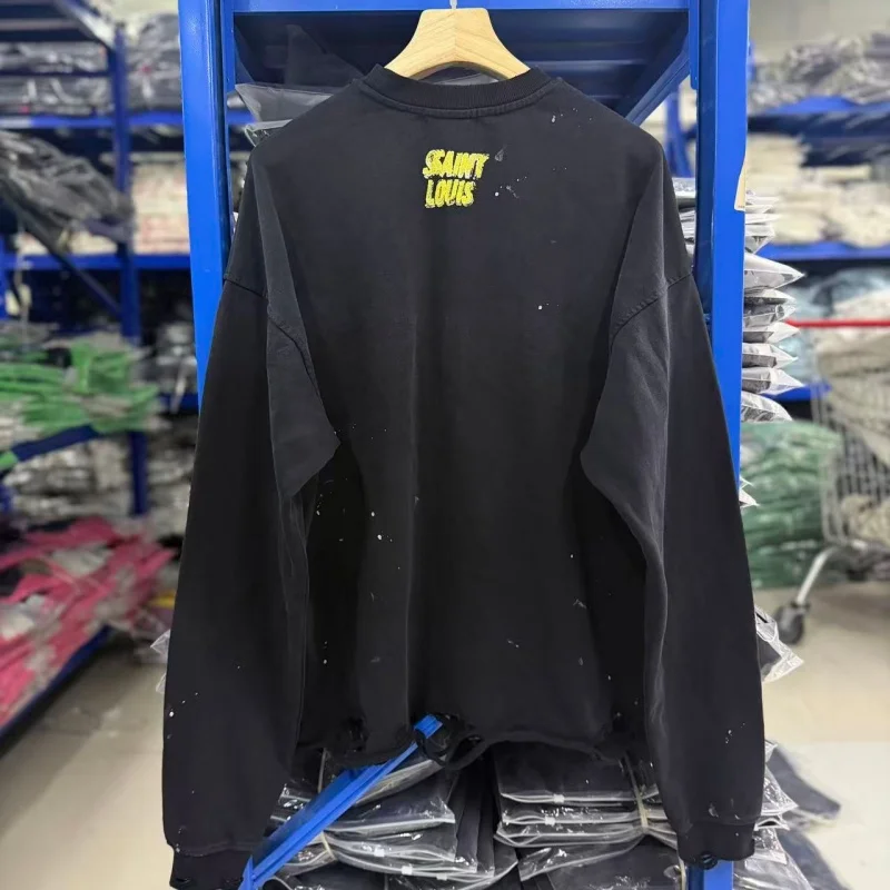 Black Washed Splash Ink Oversized Destroyed Hem Crewneck Sweatshirt