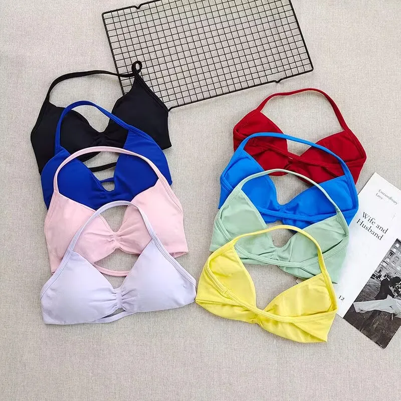 Women Sports Bra  Solid Color Strappy Backless Seamless Yoga Bra With Removable Cups Workout Clothing Gym Top Halter Sport Top