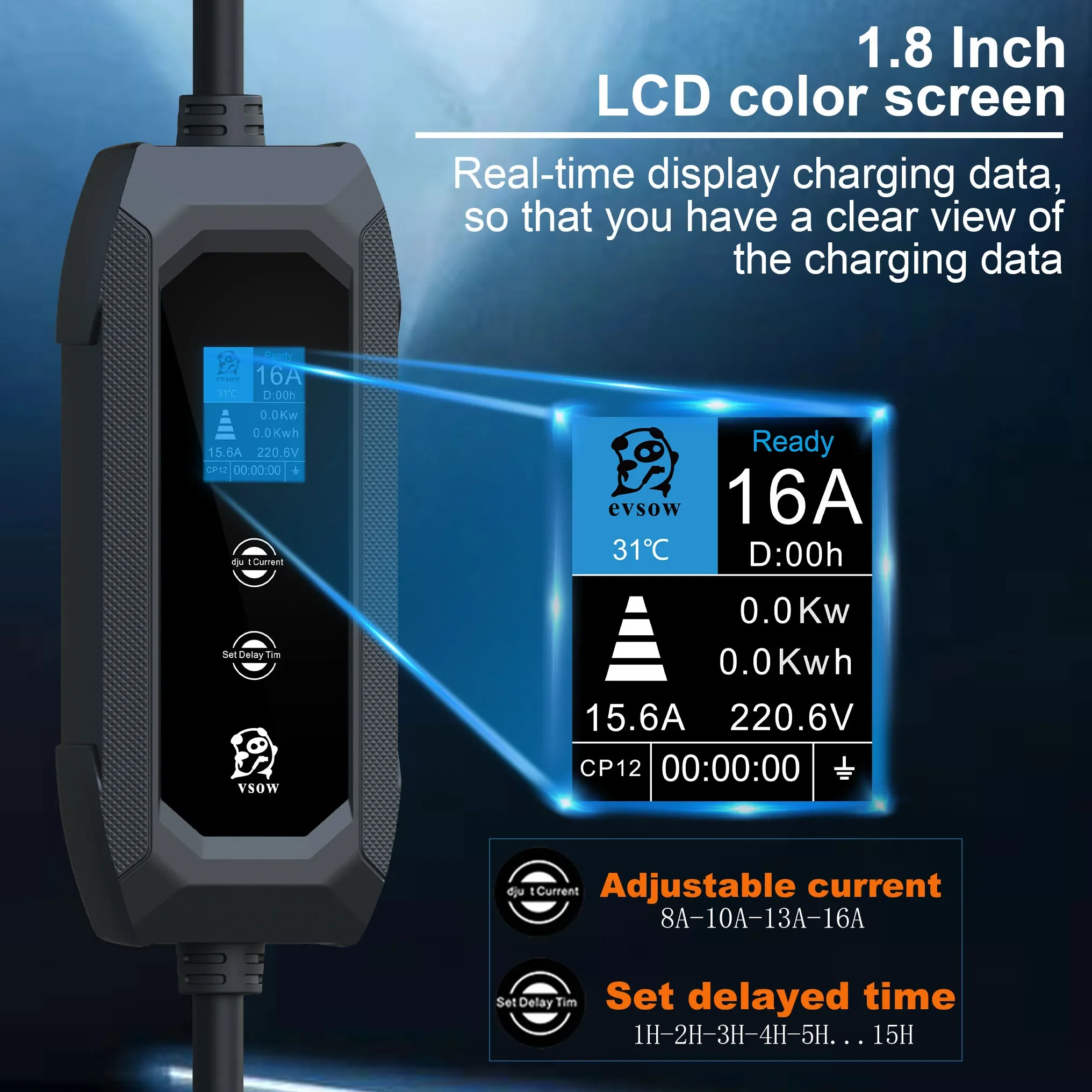 evsow Portable EV Charger Type2 16A Single Phase Electric Car Charger 3.5KW Current Adjustable For Type2 IEC 6219-2 Electric Car