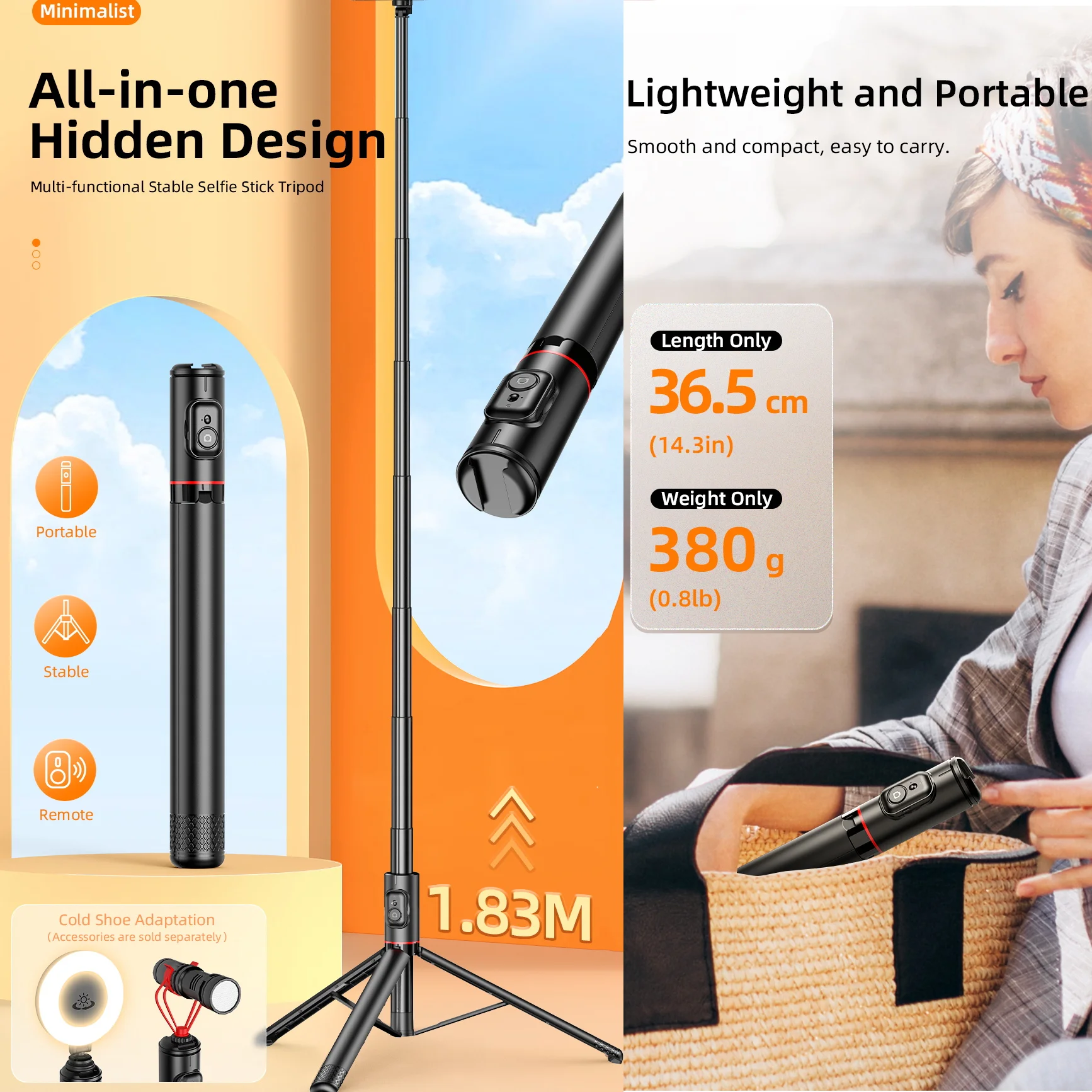 1830mm Wireless Selfie Stick Tripod Portable Tripod for Mobile Phone with Light Remote Control for Smartphone IOS Android