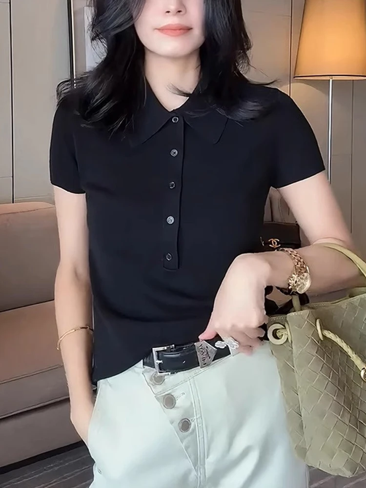 تي شيرت Laid-ba Sle ذو لون نقي من الحرير الجليدي ort Sve محبوك علوي f زر صيف غير رسمي 2025 تي شيرت تنحيف النسخة الكورية