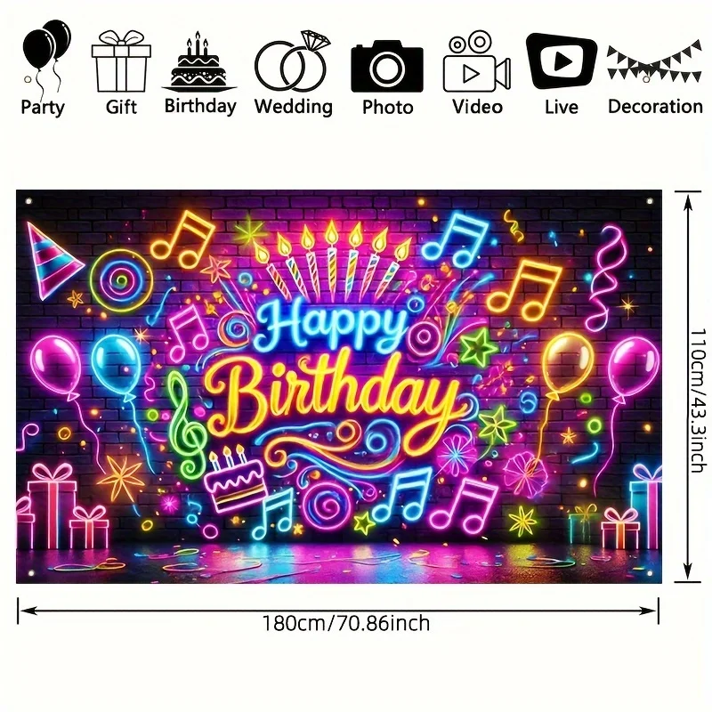1pc Neon Music Birthday Party Background - 70.86x90.5 inch polyester colored light effect banner, suitable for indoor and outdoo