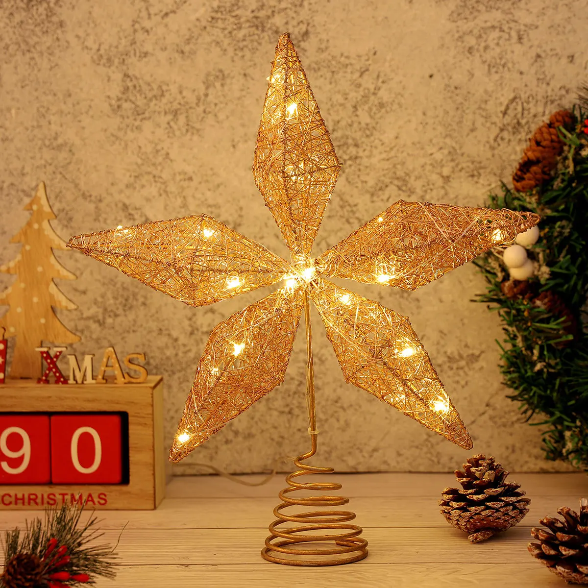 

Christmas Tree Topper Star Shaped Lights 20 Warm White LEDs Rustproof Iron Wires Xmas Decorations Festive Parties Celebrations
