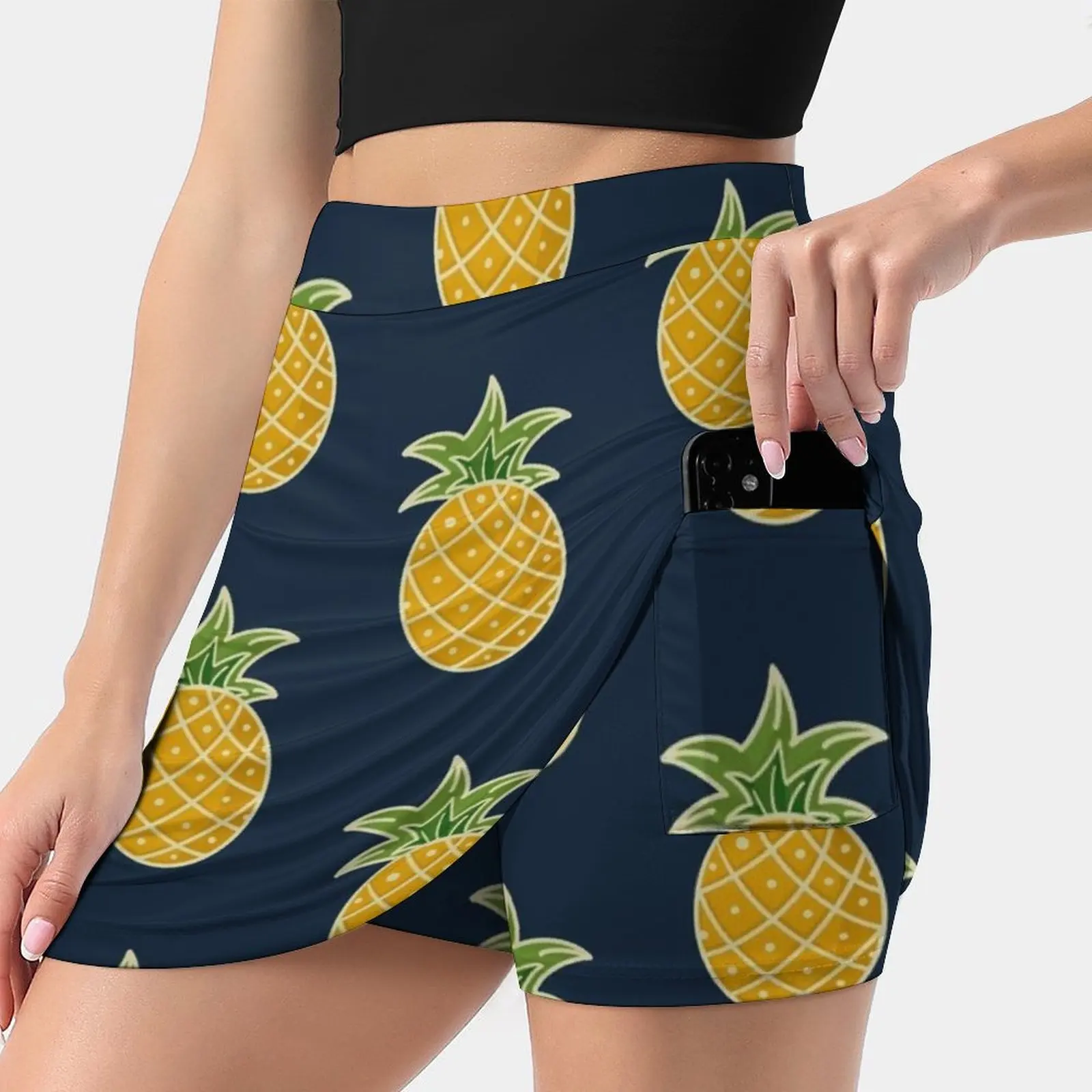 Pineapple-Navy Women's skirt Mini Skirts A Line Skirt With Hide Pocket Ananas Beach Vibes Blue Botanical California Colorful