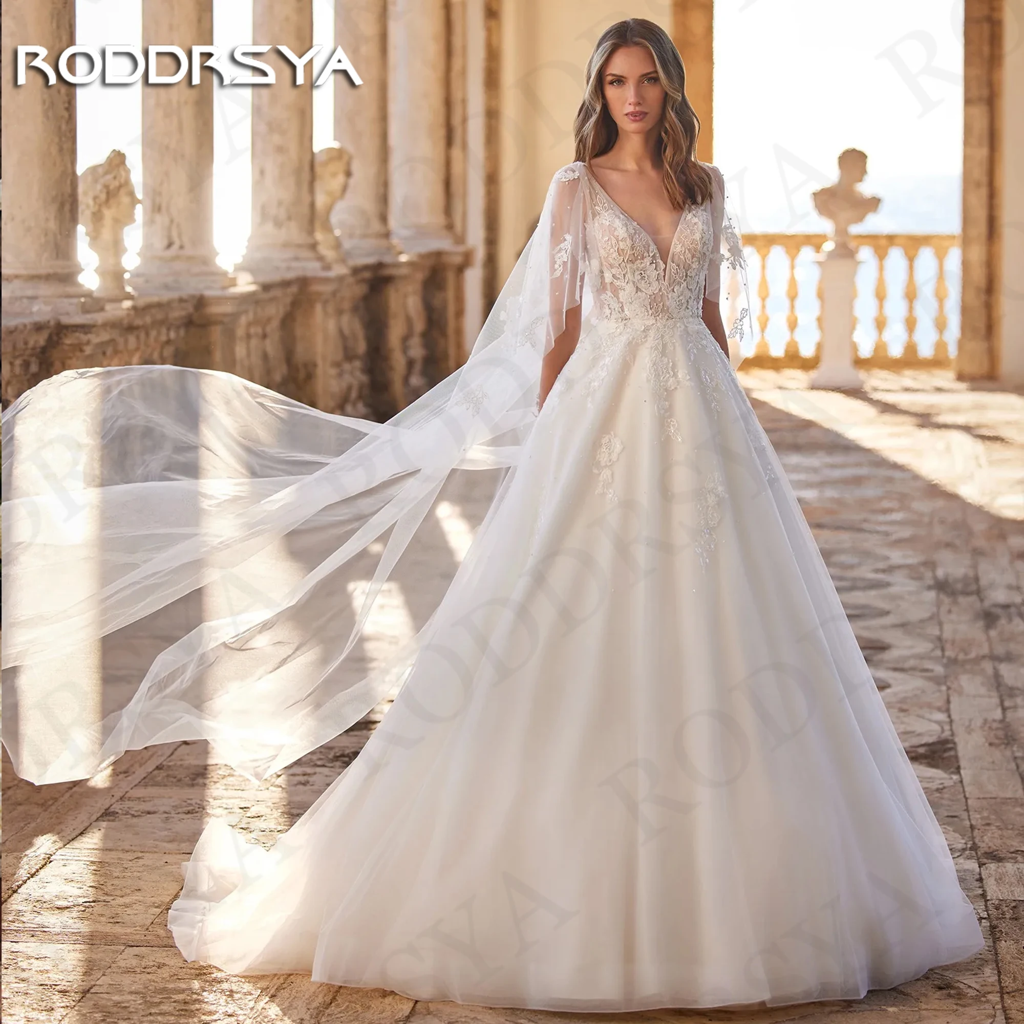 

RODDRSYA Charming V Neck Beach Wedding Dress Woman 2024 With Cape Backless Lace Appliques A Line Bridal Dresses abiti da sposa