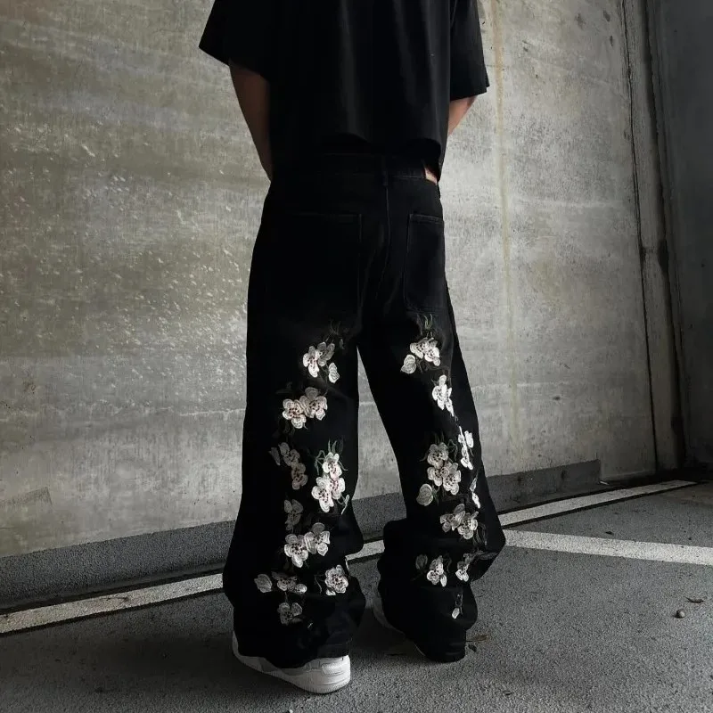 Harajuku flor de cerejeira bordado jeans streetwear hip-hop gótico das mulheres dos homens y2k roupas vintage cintura baixa calças largas perna