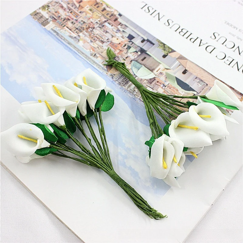 120 Stück Künstliche Blumen Calla-Lilien mit Blättern Schaumstoffblumen DIY Hochzeit Party Süßigkeitenboxen Deko Calla-Bouquet Wohnaccessoires – Detail 4