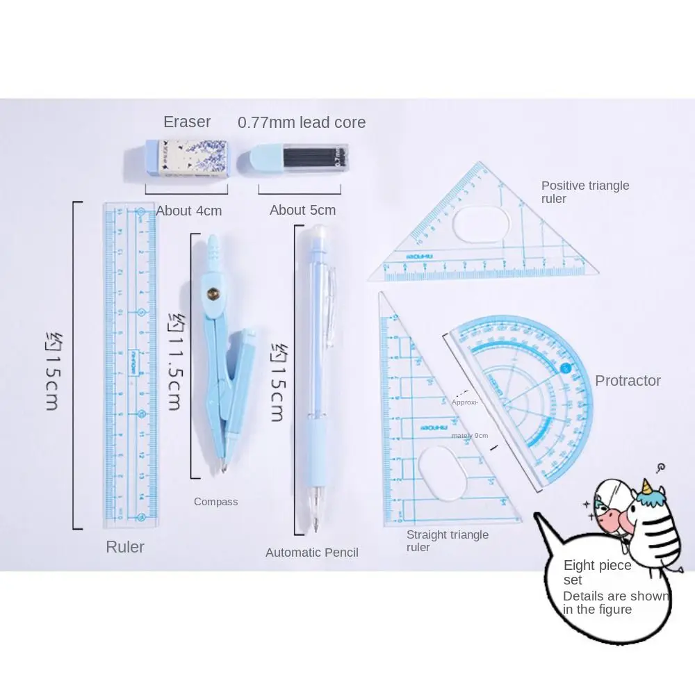 8pcs/set Durable Small Fresh Compasses Set Multifunction Rubber Automatic Pencil Protractor Ruler Kit
