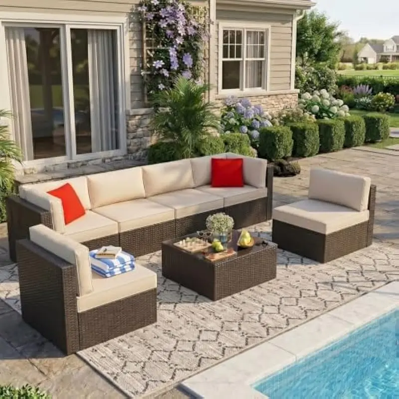 7-Piece Modular Outdoor Seating Set in Beige – Semicircular Modern Design with Rustproof Steel Frame, Waterproof PE Wicker, Wash