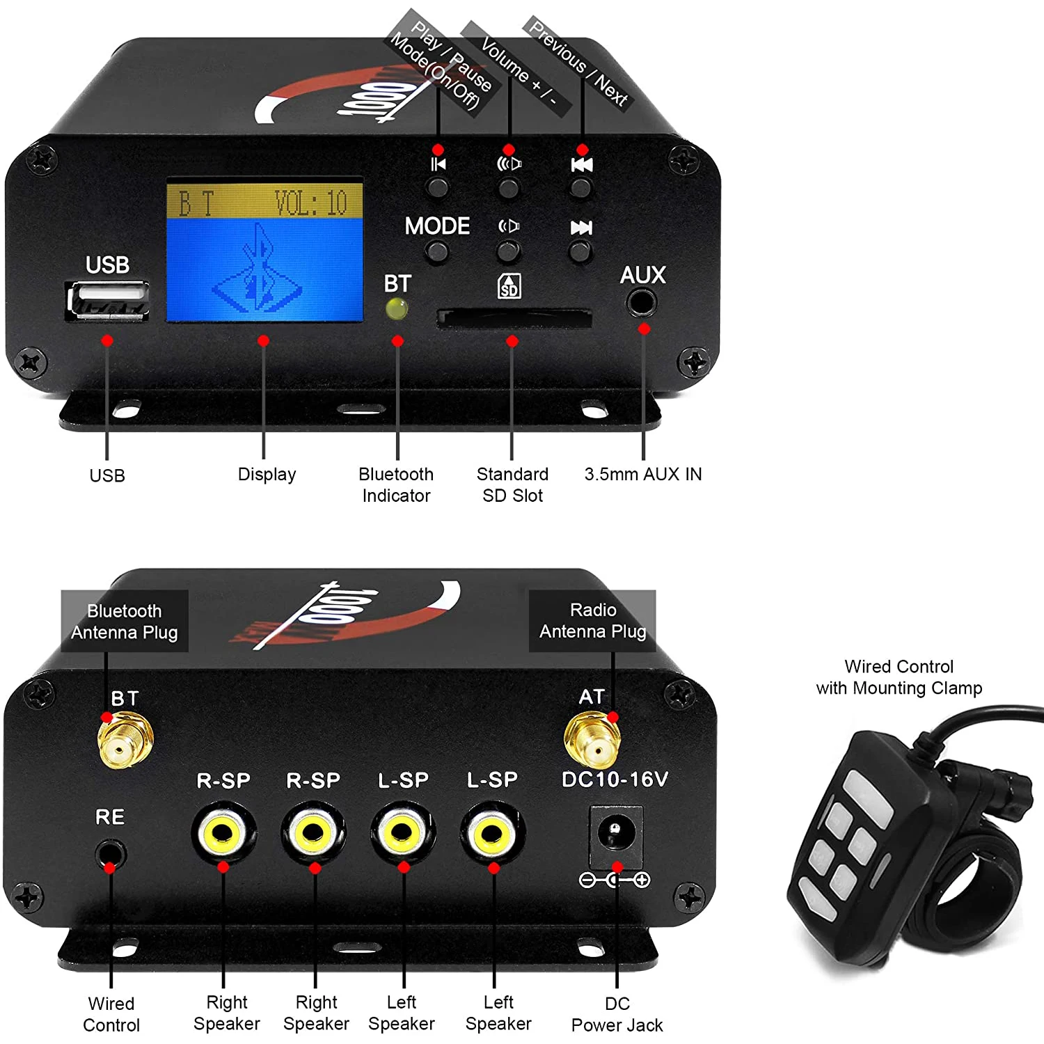 Multmedia-Amplificador de potência para motociclos, 4 canais com Bluetooth, rádio FM, USB, AUX, SD, leitor áudio compacto para automóveis, 1000W