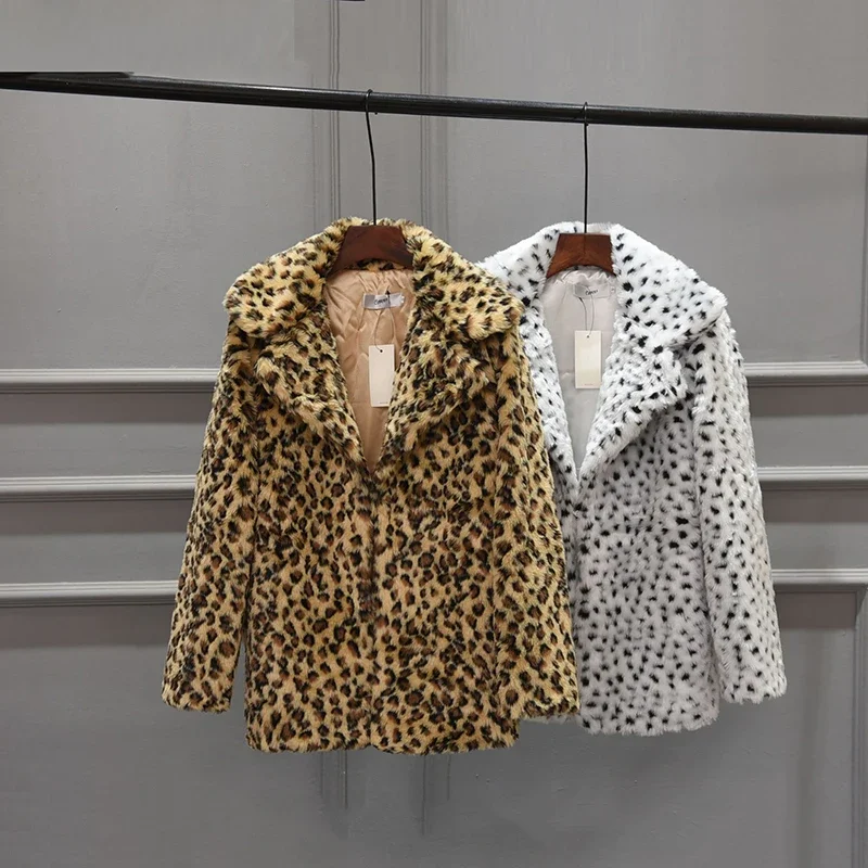 

Women's Middle Length Leopard Printed Faux Fur Coat Fashion Causal Turn Down Collar Long Sleeve Winter Thickened Warm Blazer