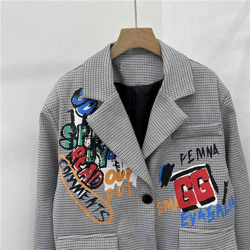 Mode Graffiti Buchstaben Plaid Blazer Jacke Frauen Oberbekleidung Große Tasche Langarm Anzug Jacke Mantel Weibliche Casual Grau Blazer