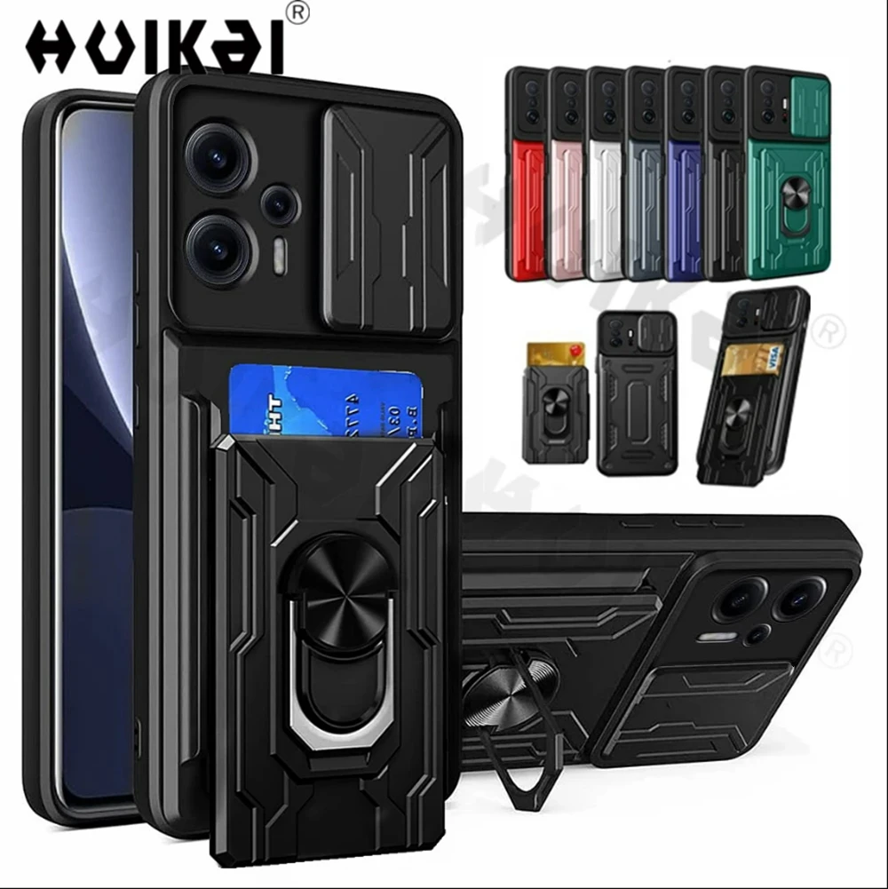 Slide Camera Card Case For Xiaomi Poco F5 M5 X5 Xiaomi 13 13 12 Pro 12T Redmi Note 12S 12 Pro 12 11 Heavy Duty Protection Covers