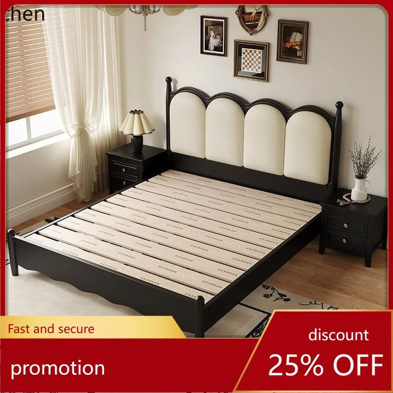 

CZ French Retro Solid Wood Bed Vintage Style Master Bedroom Double Bed Modern Simple Black Upholstered Bed