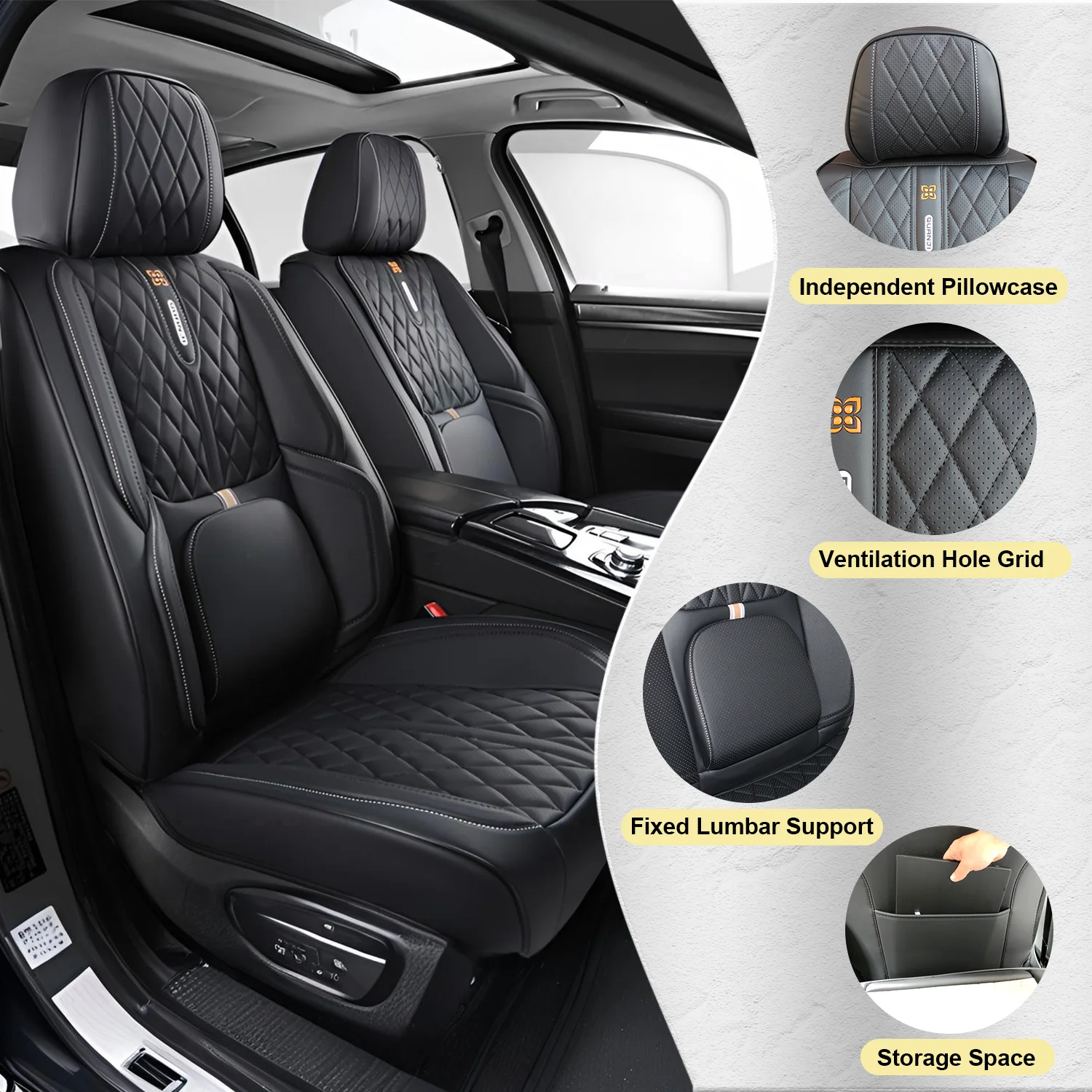 

Universal car seat covers, PU leather seat protectors, breathable mesh, fixed lumbar support, front seat sets