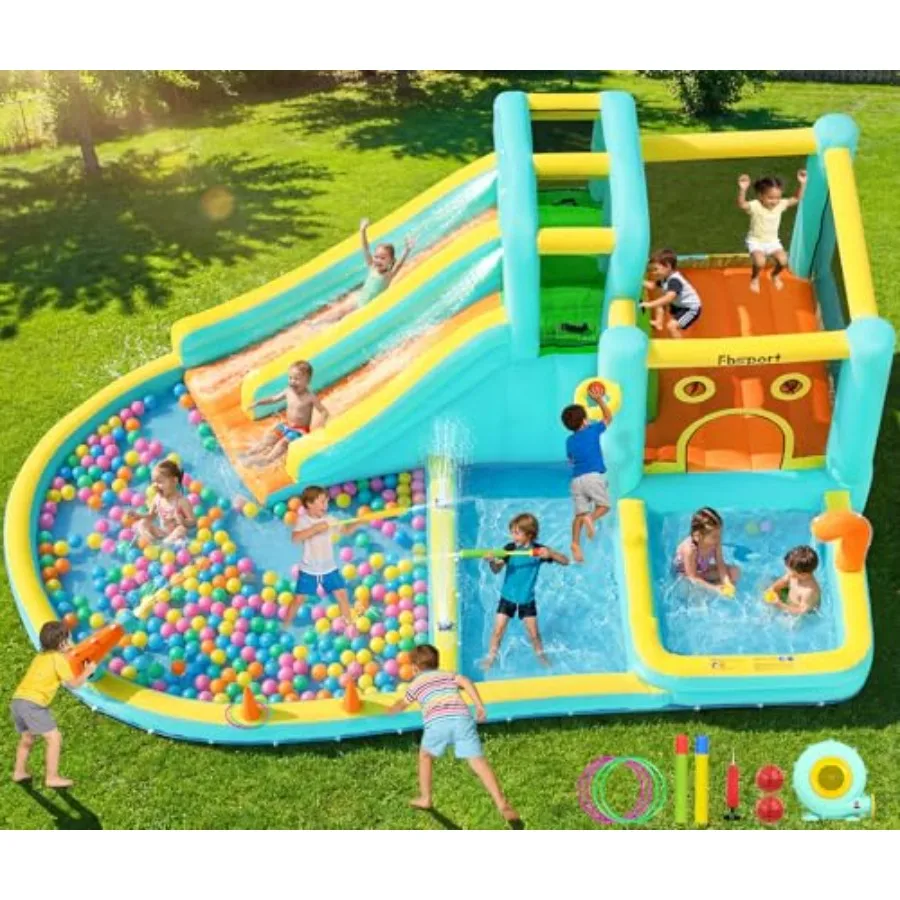 Inflatable Water Slide Bounce House for backyard use, PVC material, blue and yellow, dual slides with splash pool and water gun
