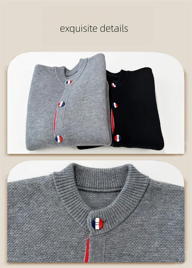 Modischer Herren-Strickcardigan für Herbst und Winter mit Niedlichem Hunde-Prägemotiv, Rundhals, Knöpfe, Luxusmarke, Gestreifter Lässiger Strickpullover – Detail 12