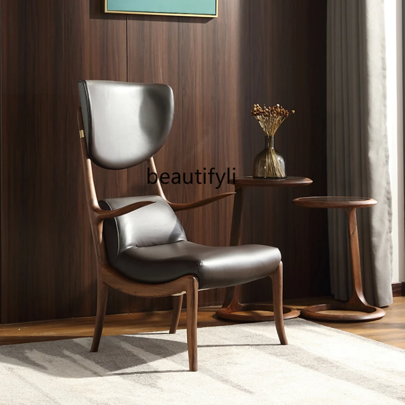 

Space Capsule Chair North America Black Walnut Wooden Lounge Chair Italian Light Luxury Wingback Chair Genuine Leather Armchair