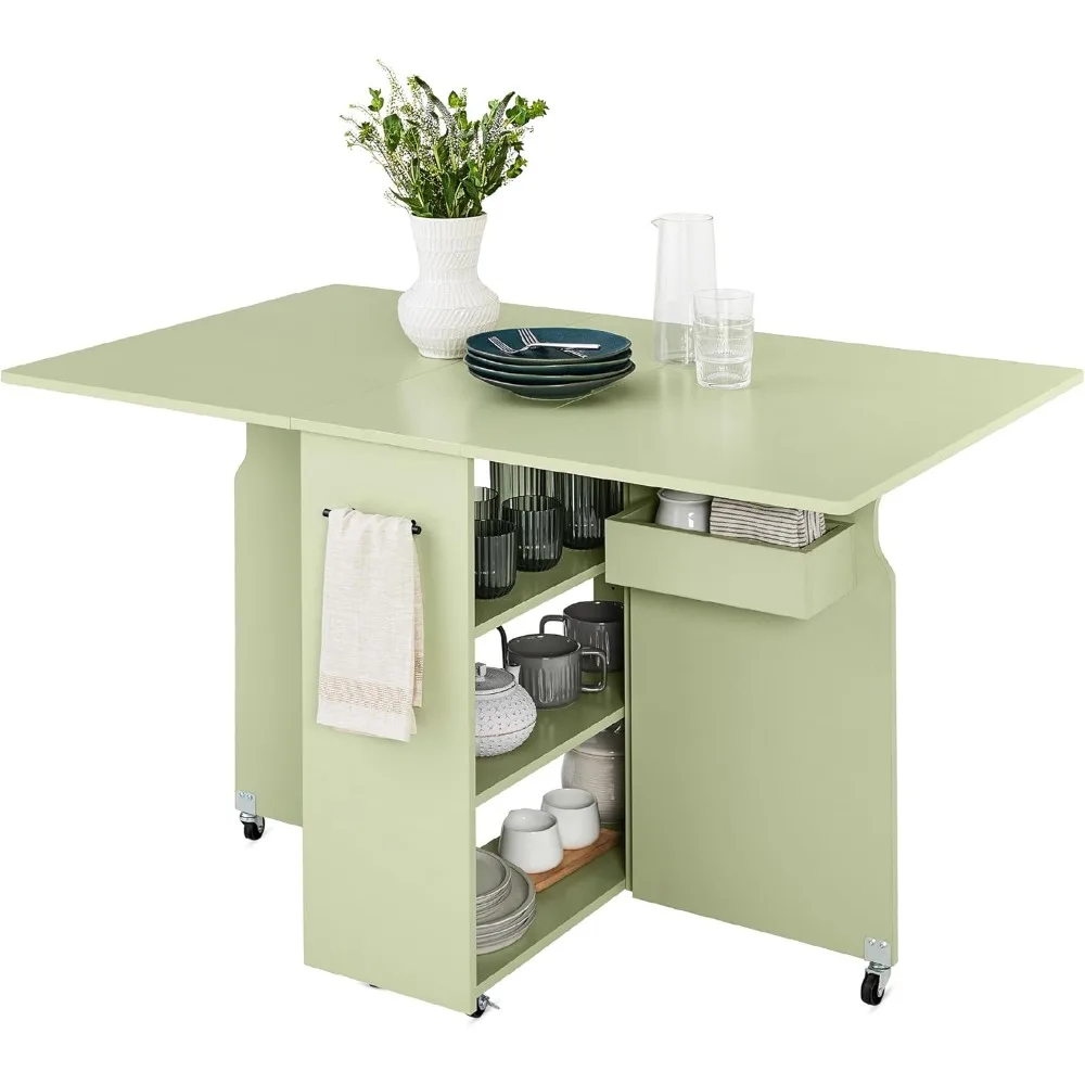 

Folding Dining Table, Multipurpose Space Saving Collapsible Drop Leaf Extension Desk w/Wheels, 3 Storage Shelves - Sage Green