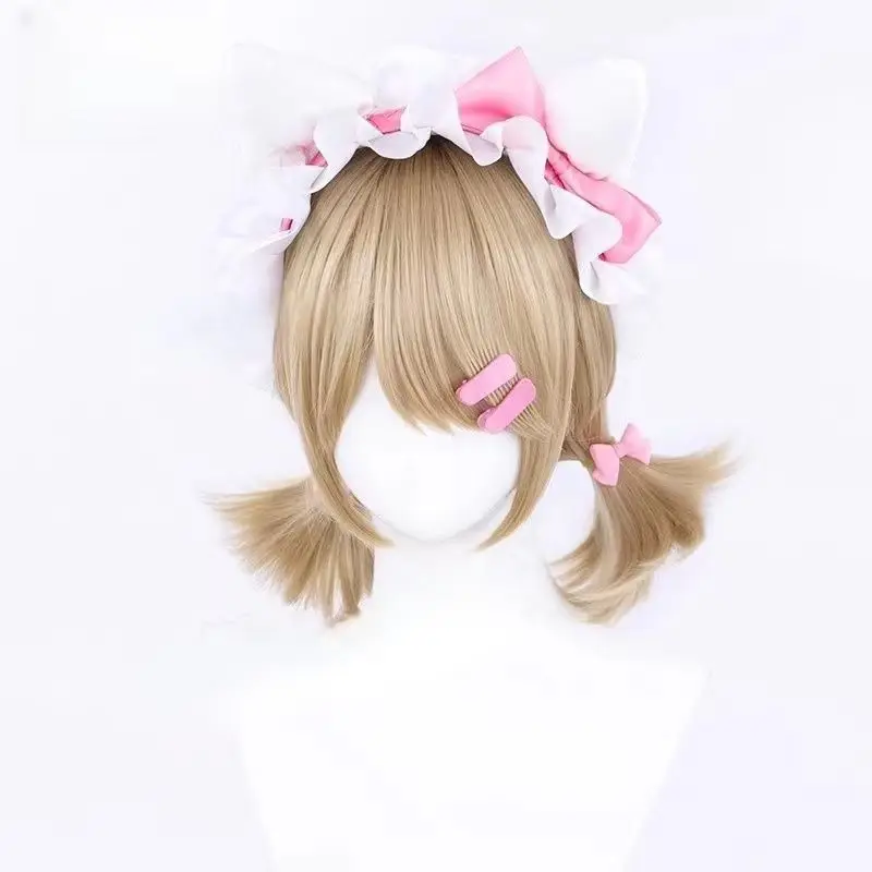 Garden Maid Perücke – Anime-Cosplay-Perücke mit Doppelbrötchen, pastellfarbenes langes Haar für Lolita, Air Bangs, süßes Dienstmädchen-Outfit