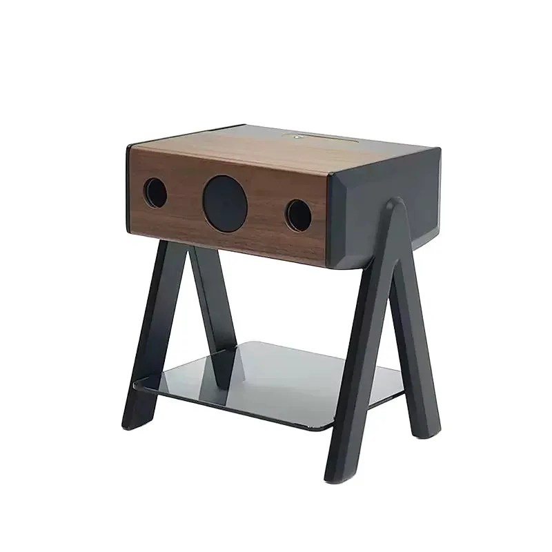 Smart Bluetooth Speaker Coffee Table Solid Wood Leg Multilayer Board Cabinet Black Tempered Glass Storage Rack - Nordic Style