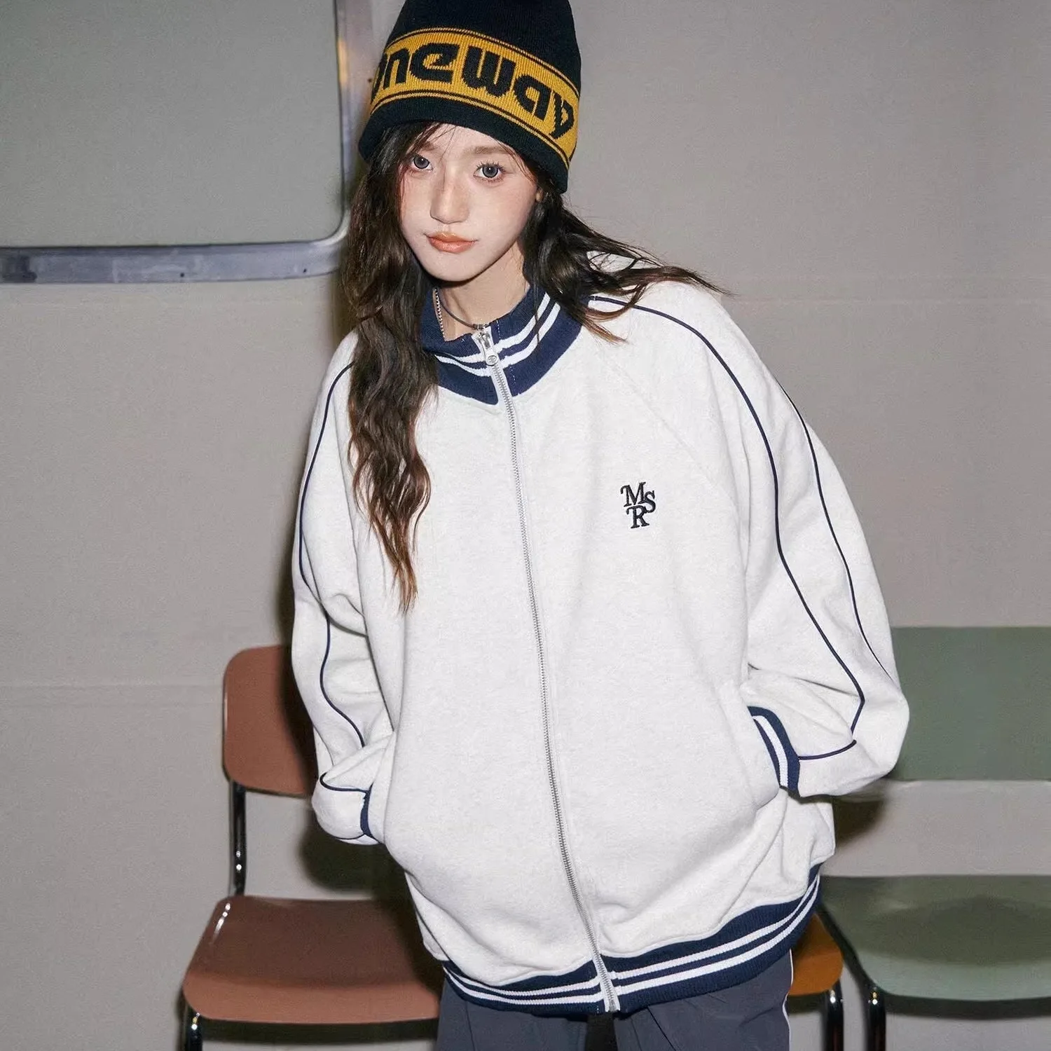 Grey Stand Collar Baseball Jacket for Women & Men Retro Sweatshirt Style Casual Lazy Outerwear
