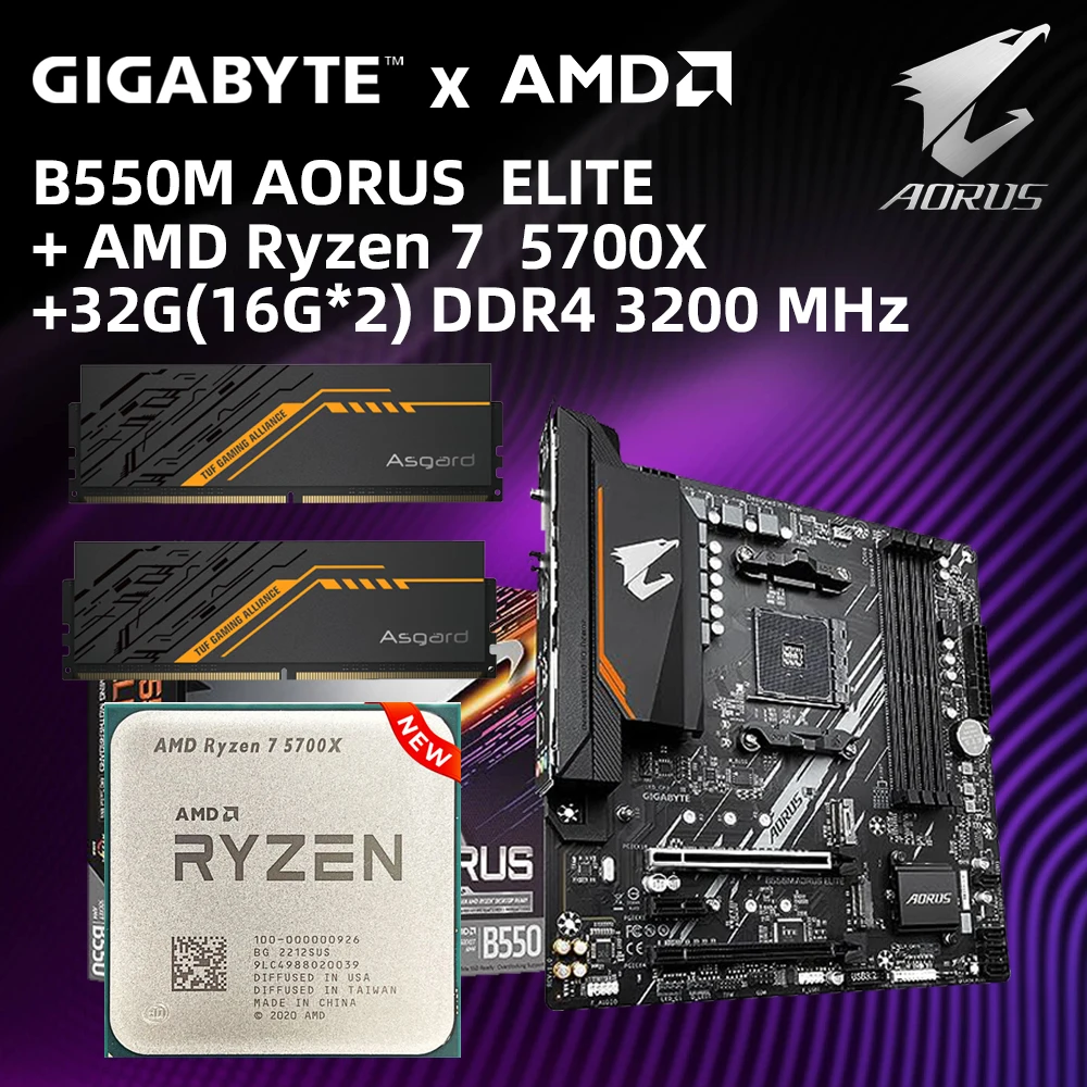 GIGABYTE B550M AORUS ELITE with AMD Ryzen 7 5700X CPU and 32G(16*2) DDR4 3200MHz RAM kit 4xDDR4 Am4 Mainboard R7 5700X Memories