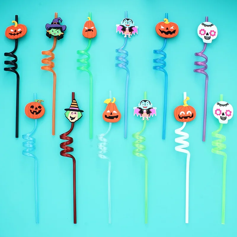 12pcs ReusablePlastic Straw Halloween Theme Cartoon Style Straws Pumpkin Bats Skull Shape Straw Kids Birthday Party Supplies