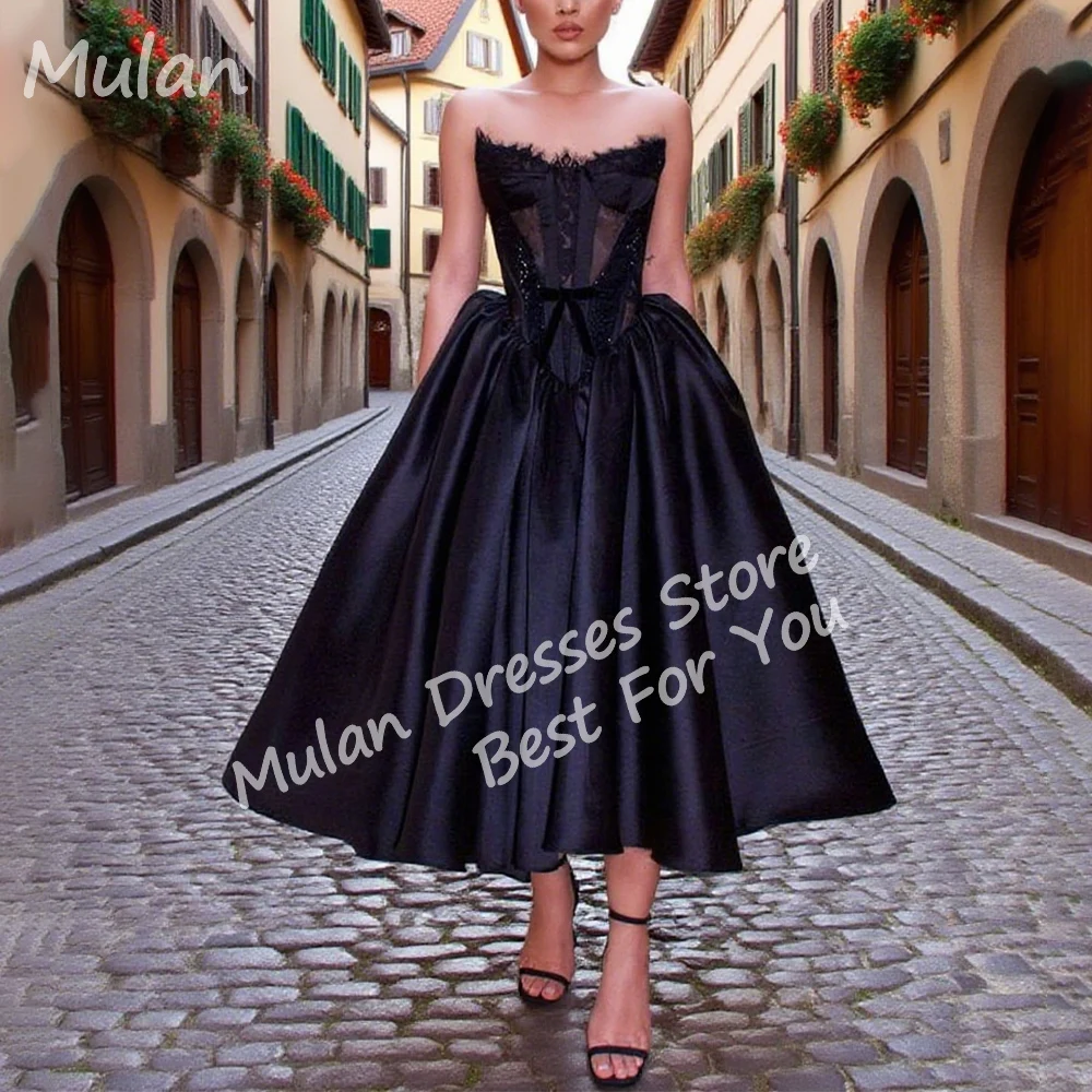 

Customized Elegant Black Midi Evening Dresses for Special Occasions Strapless Tea-Length A-Line Women Gala Prom Party Gown 2025