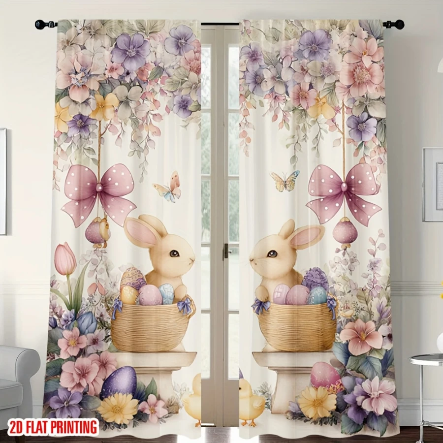 2PCS Digital Print  Curtain, Flower Basket Bow Knot, Rustic Farmhouse Window Treatment Drape for Bedroom Kitchen Decor