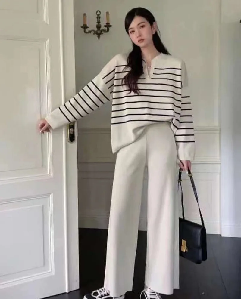 Korean Fashion Casual Knitted Two Piece Set for women Striped Long Sleeve Loose Pullover Sweater + Wide Leg Pants Sets Tracksuit