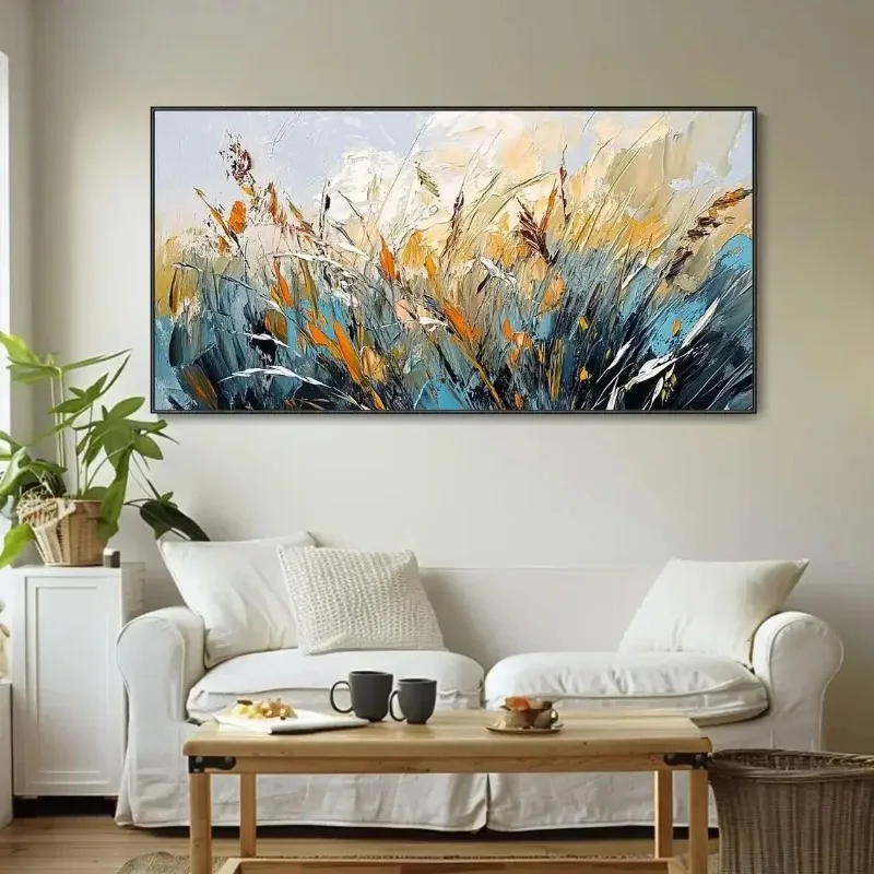 

Abstract Textured Painting Landscape Prints On Canvas Wall Art Calm Night Reeds Classic Style Blue Brown Frameless Wall Decor