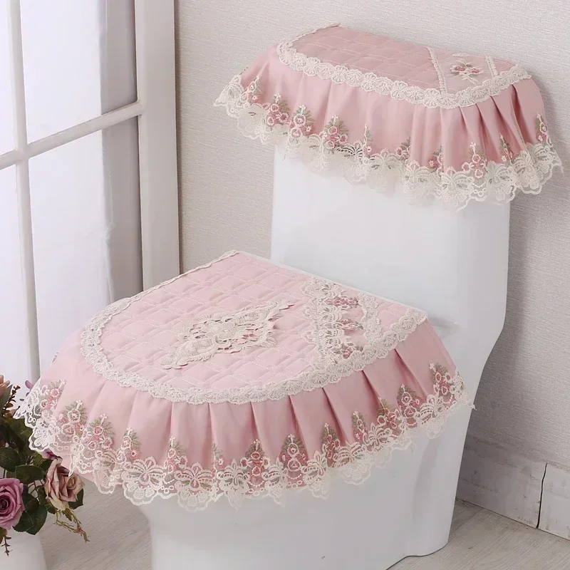 2027 4 Seasons High Grade Lace Fabric Zippered Toilet Three Piece Set Household Toilet Seat Cushion Cover Closestool Skirt