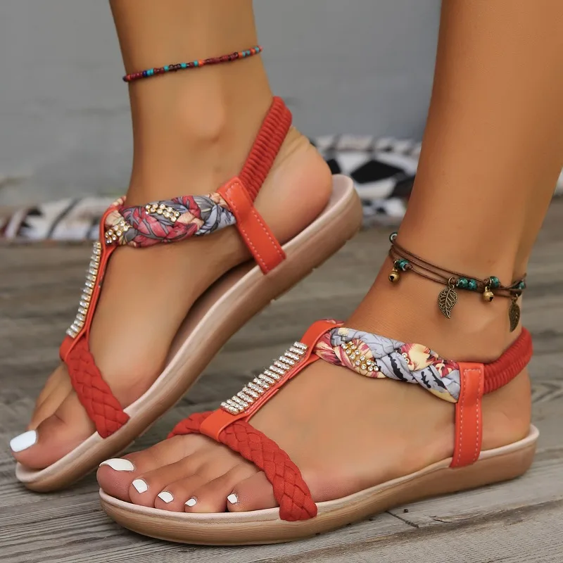 Women Wedge Sandals Rhinestone 2024 New Summer Bohemia Rhinestones Casual Comfortable Peep Toe Outdoor Female Beach Shoes