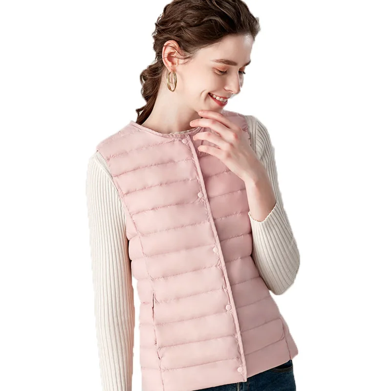 2023 women's lightweight round neck down vest new autumn and winter down jacket women short collarless waistcoat