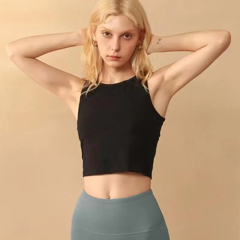 

50LE Women Round Neck Short Crop Top Sleeveless Racerback Vest Basic Shirt