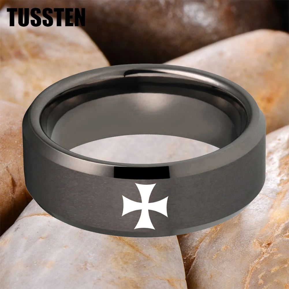 Dropshipping TUSSTEN 6/8MM Beveled Matte Tungsten Ring Laser Engraved Maltese Cross Pattern For Comfortable Fit