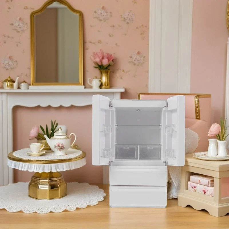 1:12 Scale Mini Double-Door Refrigerator Dollhouse Light-Up Refrigerator Miniature Model Food Play Scene Decoration Home Decor