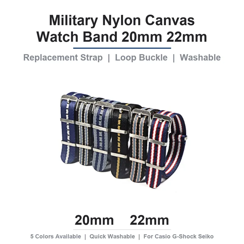 Military Nylon Canvas Watch Band 20mm 22mm Replacement Strap Loop Buckle Washable Sport Band for Casio G-Shock Black Navy Gray
