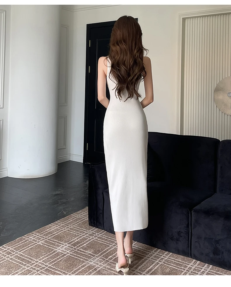 Robe longue en tricot pour femmes, Slim, sans manches, simple boutonnage, fendue, élégante, Sexy, mode dames, été, 2025
