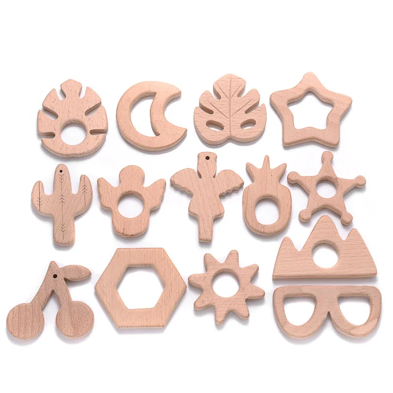 1Pcs Baby Wooden Teether Beech Wood Star Plant Animal Heart Shape Teether Eco-Friendly Unfinished Baby Grasping Chew Toys