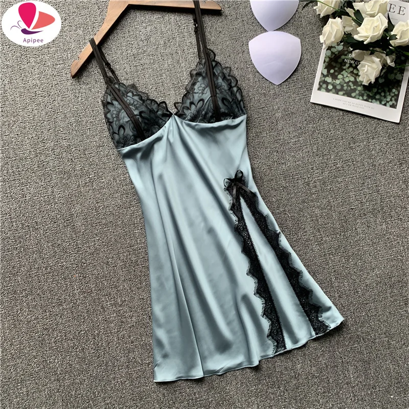 Summer Women Satin Sleeveless Nightgowns Female Sexy Nightshirts Split Sleepshirts Lace Sleepwear Backless Nightdress