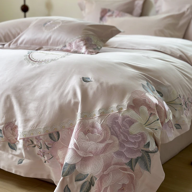 1000TC Egyptian Cotton Duvet Cover Set 4pcs Bedding Set Flowers Embroidery Quilt Cover Bed Sheets Set Fitted Sheet Pillowcases