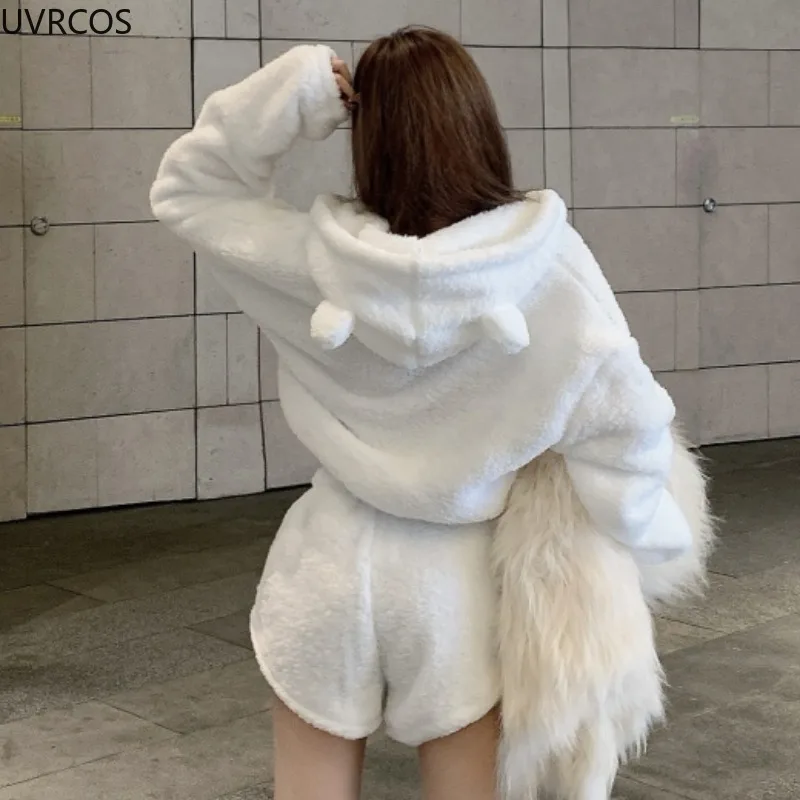 Autumn Winter Sweet Women\'s 2 Pieces Set Kawaii Plush Bear Hooded Coat High Waist Shorts Girly Harajuku White Sportswear Outfits