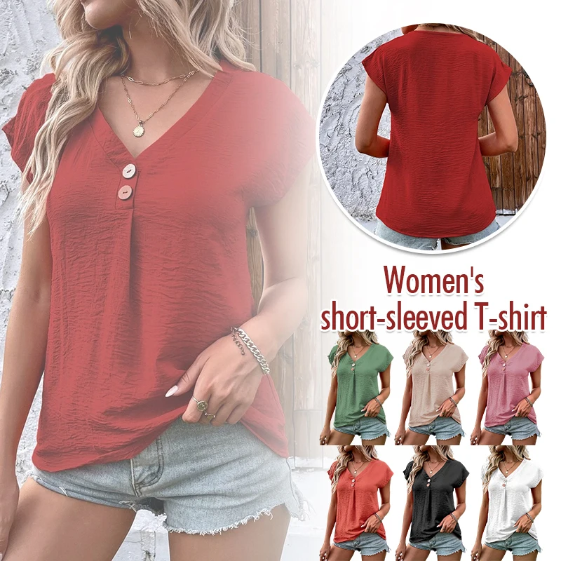 

Women Elegant Simple Basic Short Sleeve Tops Fashion Button Deep V Neck T-Shirts Summer All-match Street Casual Tees