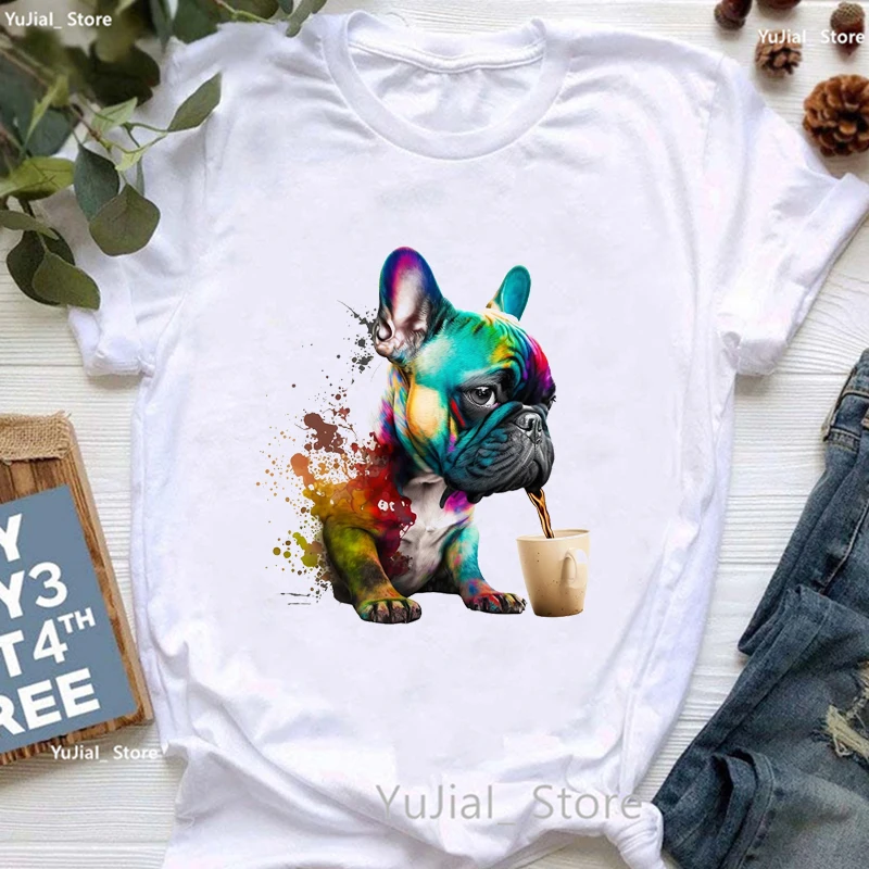 Camiseta con estampado de Bulldog Francés para mujer, camisa blanca divertida para chica, camiseta Harajuku Kawaii para amante de los perros