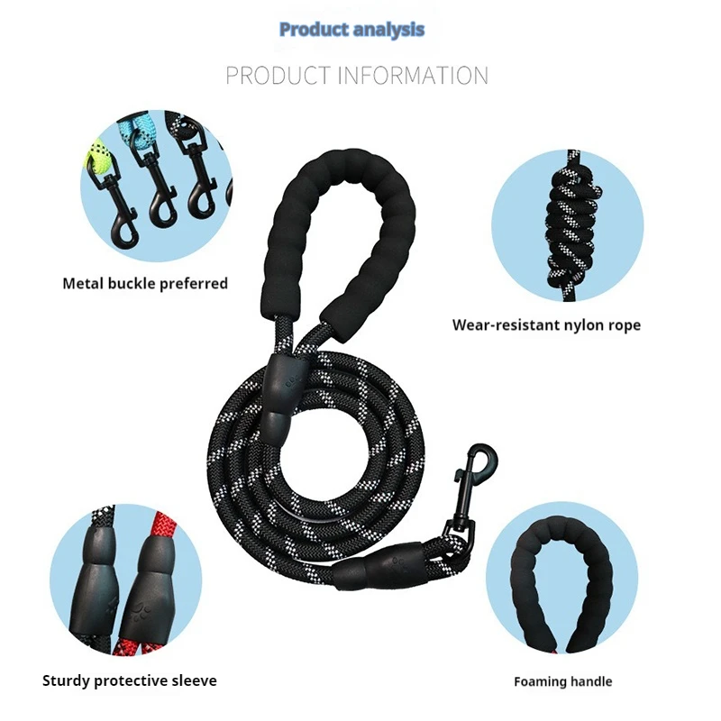 120/150/200/300cm pet leash with reflective rope and comfortable handle, suitable for small, medium, and large dogs