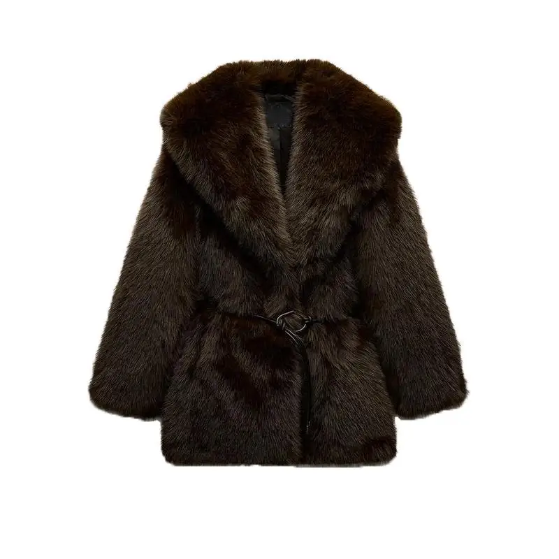 معطف نسائي جديد للخريف والشتاء بأكمام طويلة وياقة مع حزام من الفرو الصناعي المقلد للمينك سترة خارجية 638023